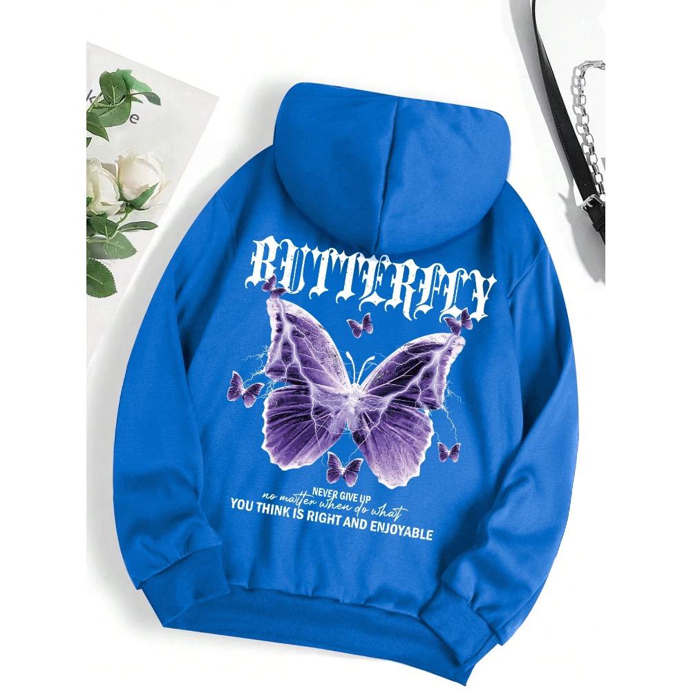Women Beautiful Purple Butterfly Printing Hoodies Women Pocket Hoody Simple Casual Hoodie Autumn Loose Female Streetwear