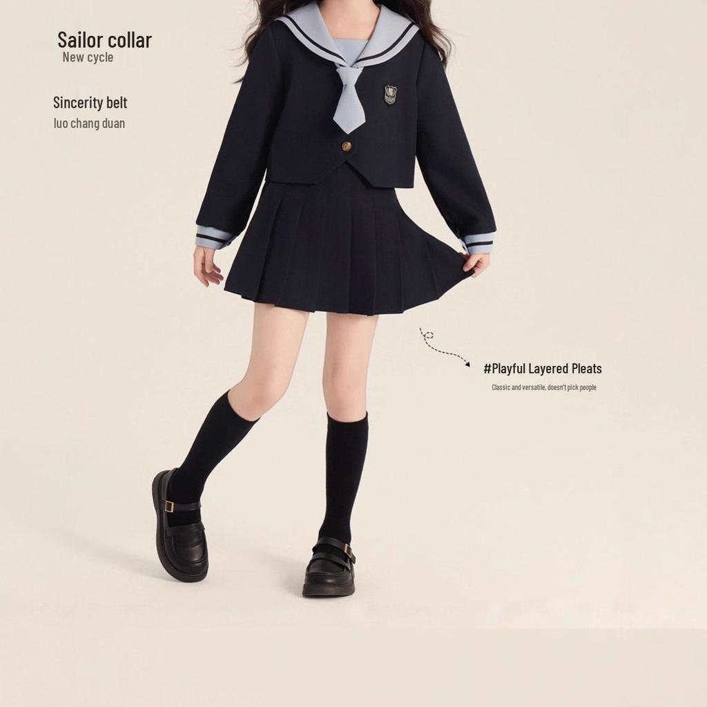 Dívčí jarní/podzimní 2025 sada ve stylu JK uniformy - Módní dvoudílný komplet pro střední a velké děti