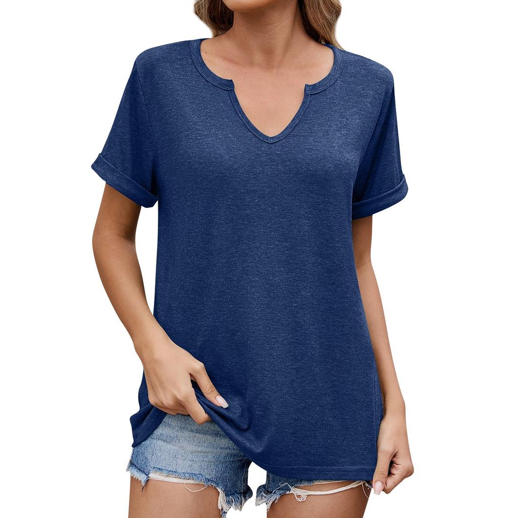 Women's Fashion Casual Color V-Neck Short Sleeve T-Shirt Loose Top