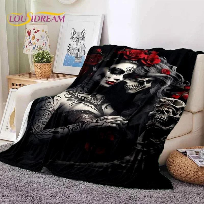 Skull Dead Girl 3D Gothic Horror Female Rose Soft Flannel Blanket,Throw Blanket Comfortable Blanket for Picnic Beds Home Bedroom