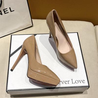 Wasserdichte Tisch-High Heels Damen Frühjahr 2025 neu Promi-Temperament spitze Zehenpartie leichter Ausschnitt Lackleder feiner Absatz rutschfeste Einzel-Schuhe