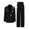 Temperament Commuting Style Heavy Industry Beaded Diamond-encrusted Suit Long-sleeved Silhouette Small + High-waisted Wide-leg Pants