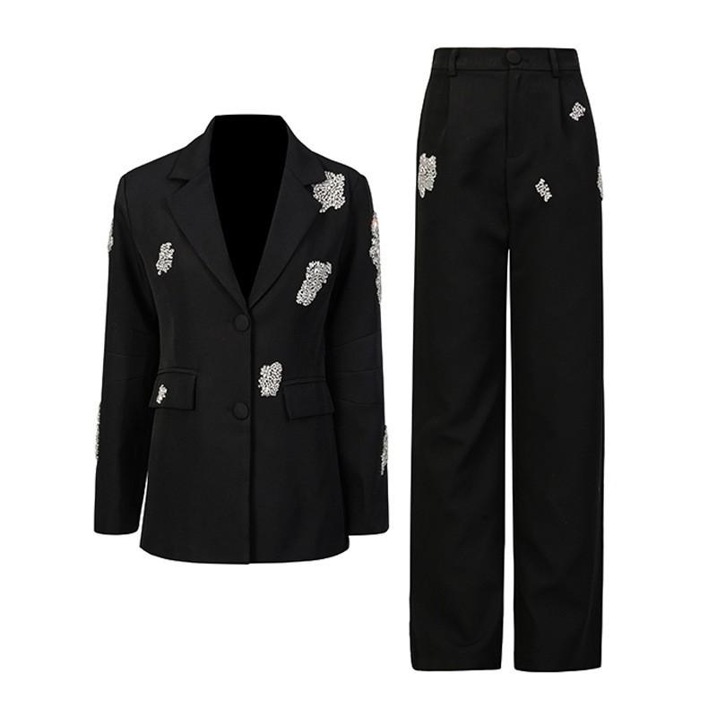 

Temperament Commuting Style Heavy Industry Beaded Diamond-encrusted Suit Long-sleeved Silhouette Small + High-waisted Wide-leg Pants XL чорний