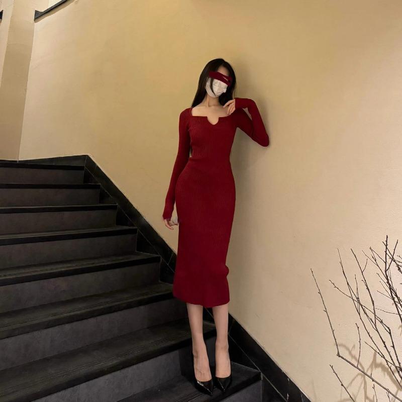 New clothes engagement dress dress high-end light luxury niche long-sleeved knitted red sweater winter interior dress