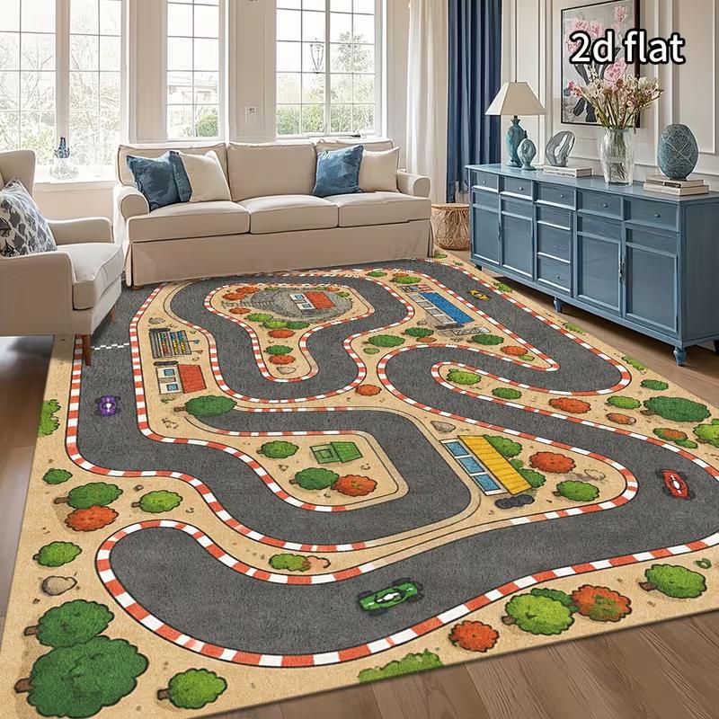 Cartoon Town Road Car Play Area Rug Non Slip Floor Mat Village Pond Vehicle Print Soft Play Carpet Bedroom Indoor Game Mat