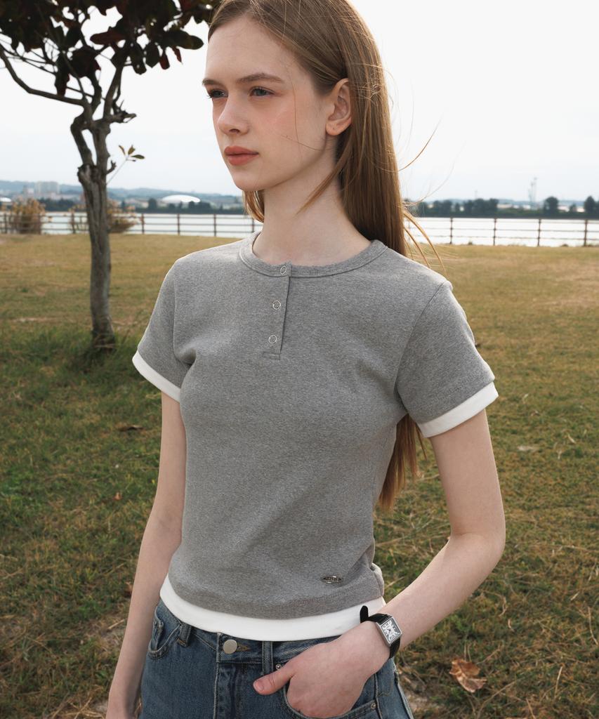 DEHEVE Layered Eyelet T-Shirt [Gray]