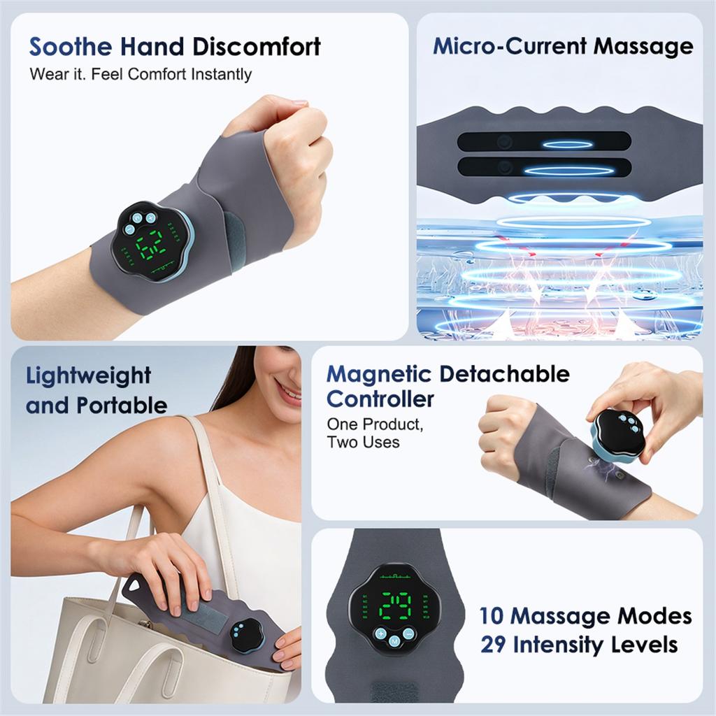 Cordless Wristband for Carpal Tunnel Muscle Fatigue Relief Belt 10 Modes 29 Levels EMS Microcurrent Wrist Guard Hand Massager