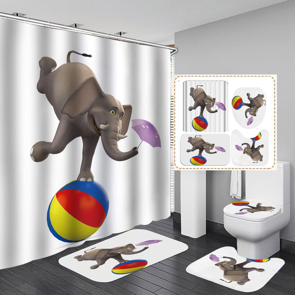Polyester Elephant 3D Digital Printing Bathroom Personalized Partition Shower Curtain Four-Piece Set