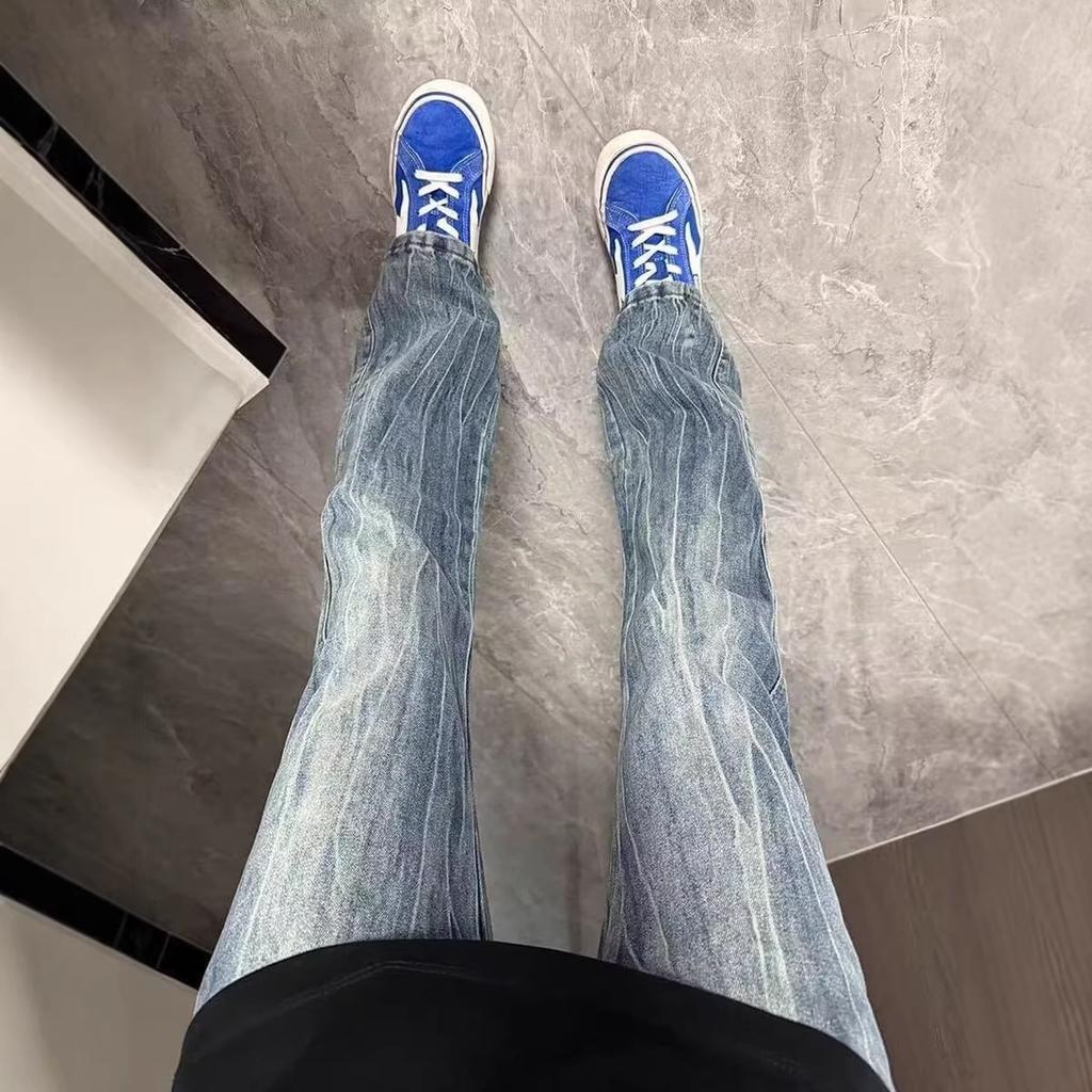 New American lightning burst jeans men's high street washed old straight slightly pulled casual long pants