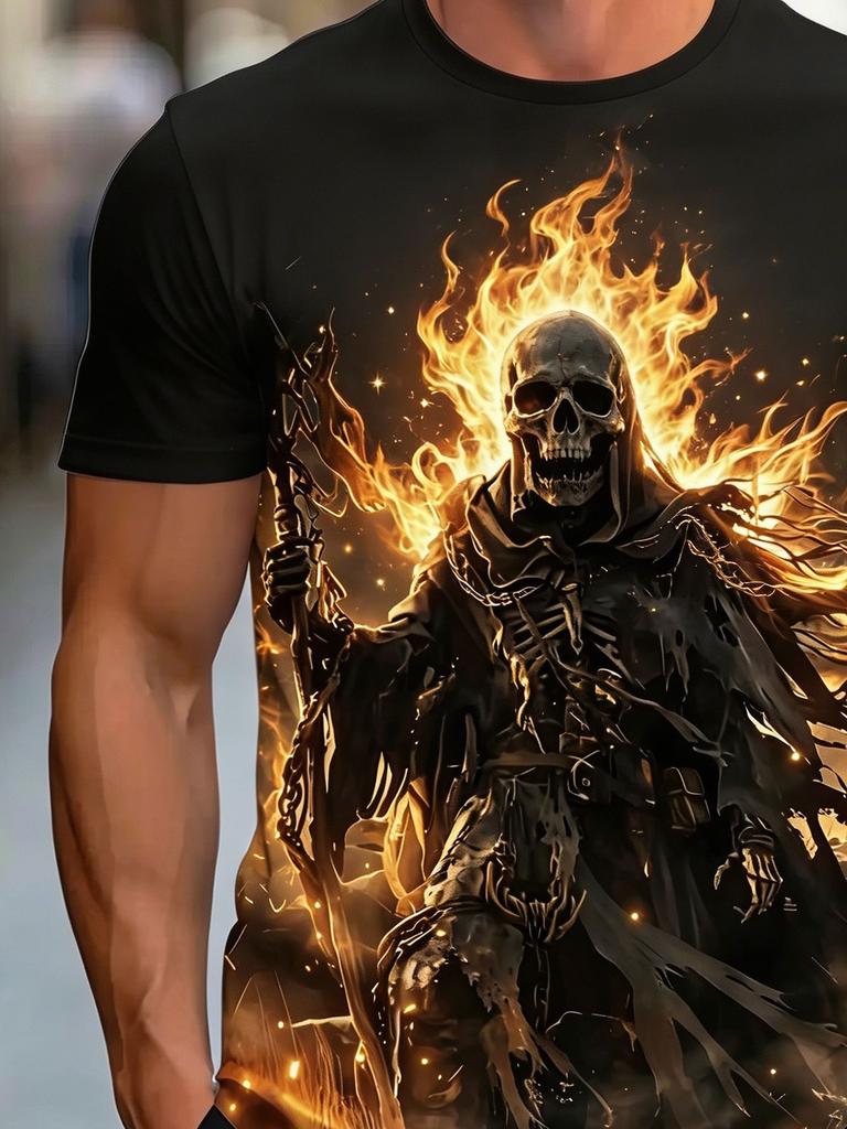 [Printed Design – Not Textured] Dark Flame Skull Grim Reaper Plus Size Men'S Short Sleeve T-Shirt, Plus Size Loose Fit Round Neck Casual Summer Men'S