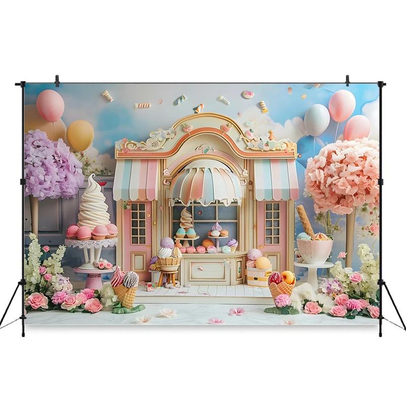 Ice Cream Backdrop For Photography Cake Crush Dessert Shop Balloon Flower Background Wedding Birthday Party Decoration Backdrops