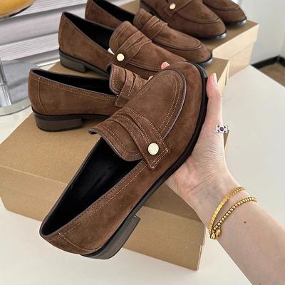 Vintage British Suede Small Gold Buckle Loafers Thick Heel Round Head One-pedal Single Shoes