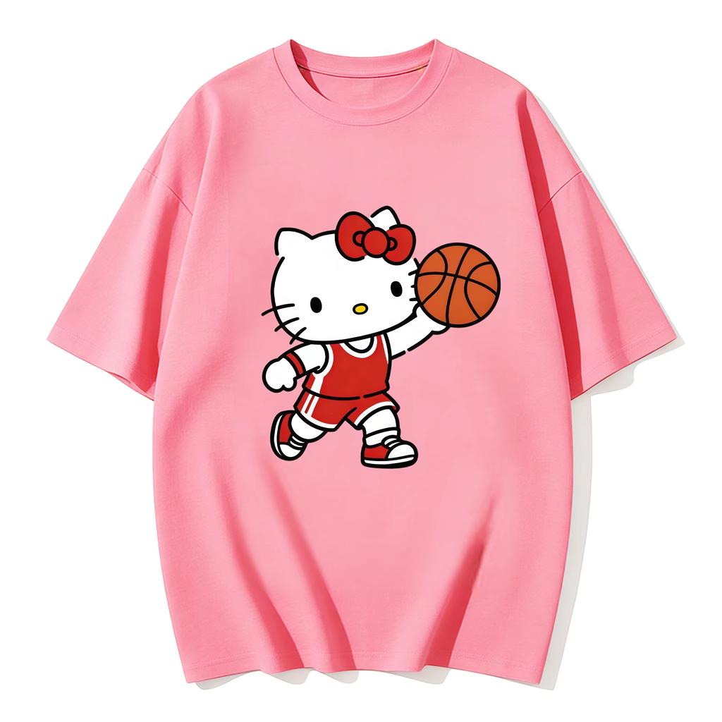 2026 New Summer HelloKitty Cute Graphic Tee Casual Short Sleeve Cotton Top for Women Girls Kawaii Cartoon Print Streetwear
