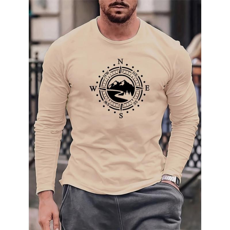 

Men s loose fit comfortable sports and leisure mountain compass pattern printed round neck long sleeved T-shirt XL