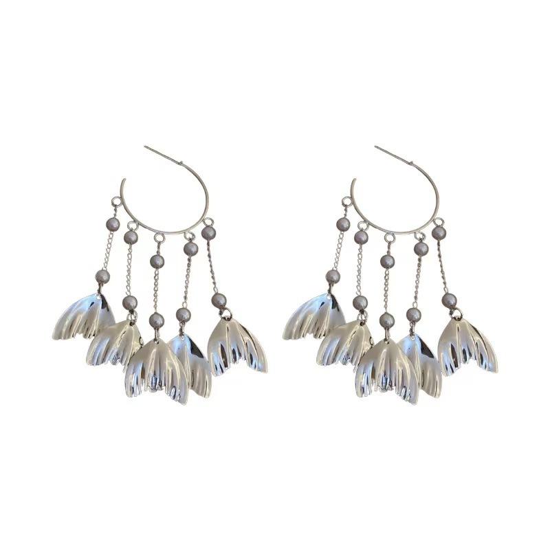 Super Fairy Pearl Fishtail Fringed Earrings, Premium Female Texture Metal Disc Earrings, 925 Silver Needle Jewelry.