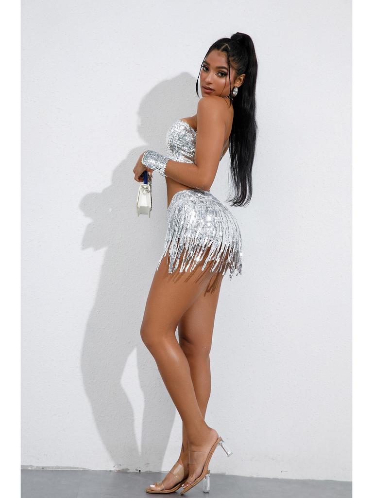 Sequined Tassel Skirt with Shorts - Latin Dance Performance Costume for Women