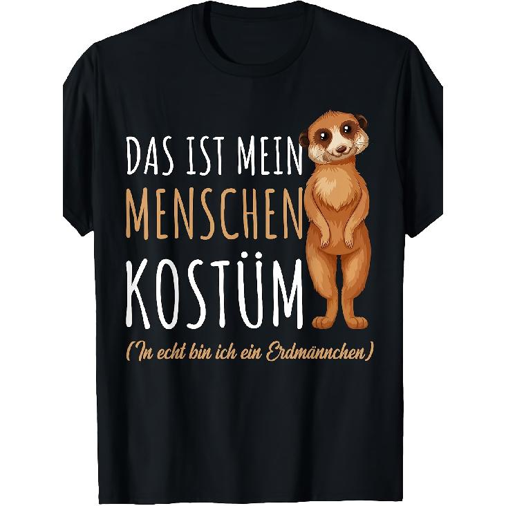 Meerkat Costume T-Shirt - Funny Meerkat Face with Meerkats, Casual Round Neck Tee for Themed Parties, Year-Round Wear & Gift, Machine Washable Black