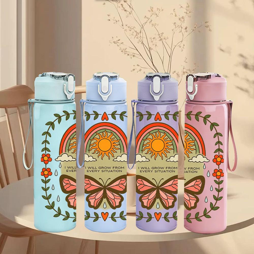 1PC Sun Butterfly Boho Retro Print 750ml Color Plastic Sports Water Bottle Leakproof Flip Straw Lid Suitable for Sports Office Home Use