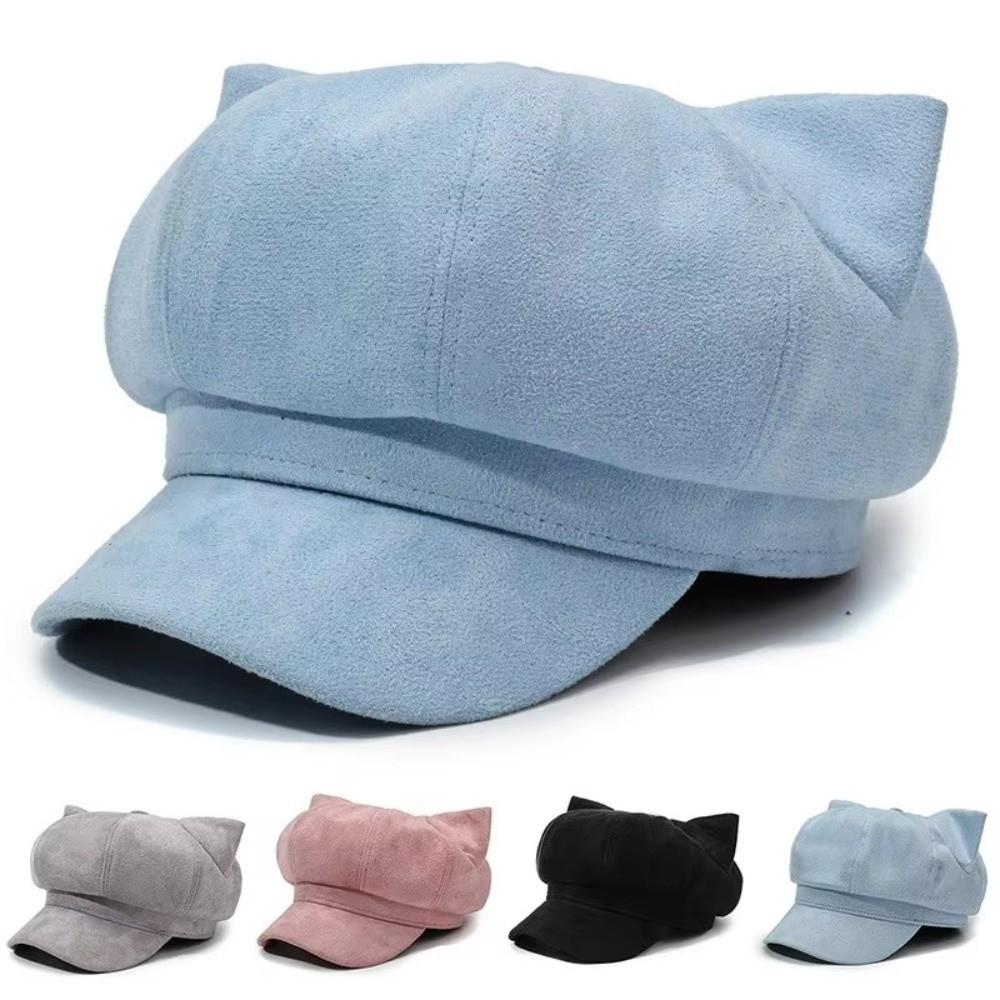 Adjustable Newsboy Cap Solid Color Octagonal Hat Casual Cat Ear Beret Women