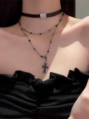 New Gothic Punk Retro Cross Pendant Necklace Women HipHop Fashion Double Layers Beaded Choker Necklace Y2K Versatile Accessories