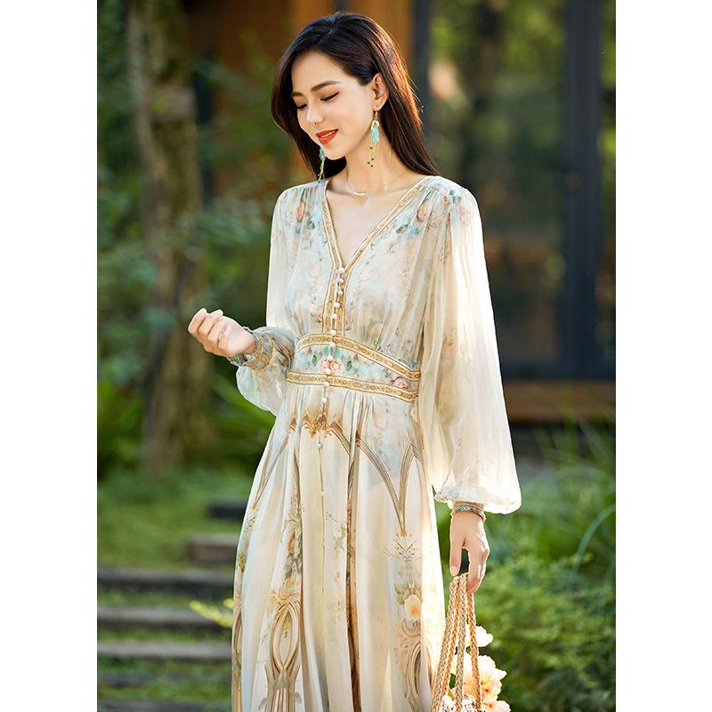 Elegant Spring 2025 Women's Slimming Bubble Sleeve Mulberry Silk Dress