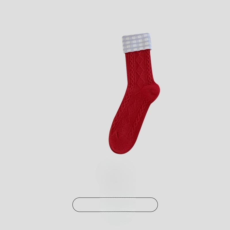 Female Spring and Autumn New Year Lace Boneless Breathable Deodorant Red Tube Stack Socks