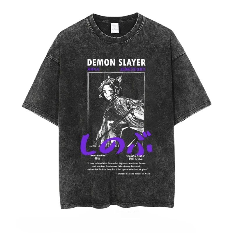 Men's T-shirt Anime Demon Slayer Printed Washed Vintage Loose Fit Women's Short-sleeved Tee Oversized Gym Y2k Clothes Top Summer