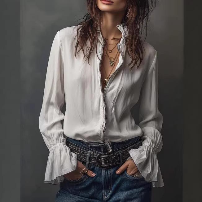 European and American Style Zippered Long Sleeve Round Neck Casual Women s Top XL чёрный