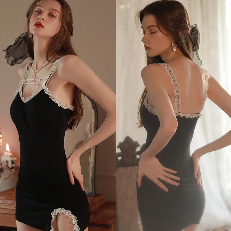 

Сексуальный глубокий V-образный вырез, кружево, высокий разрез на спине, соблазнительная ночная рубашка с подвязками, комплект домашней одежды average size