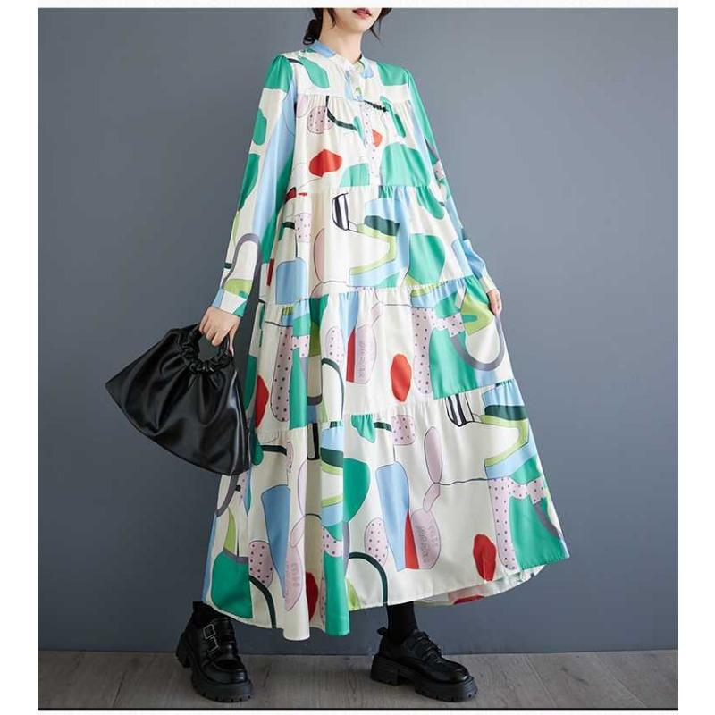 Loose and Thin Fashion Long-sleeved Printed Mid-length Dresses