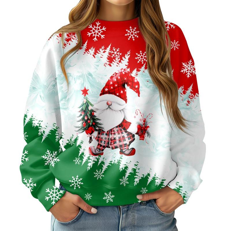 Christmas Round Neck Long Sleeved Pullover Comfortable Warm Loose 3D Printed Cute Santa Claus Snowflake Pullover