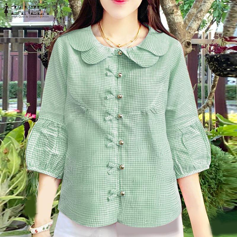 

ZANZEA Women Casual Doll Collar Loose 3/4 Sleeve Grid Print Blouse S розовый