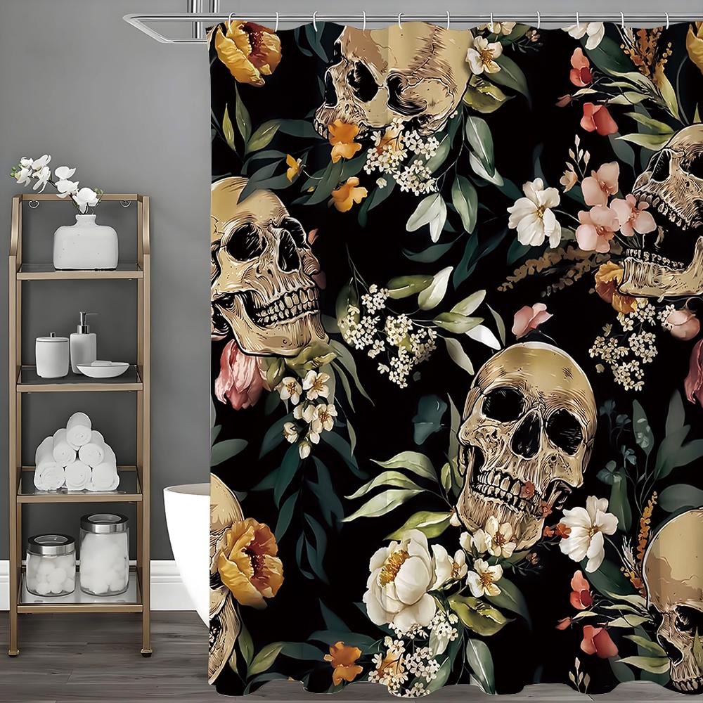 Gothic Skull Floral Vintage Quirky Black Bohemian Shower Curtain, Bathroom Decorative Shower Curtain, Waterproof Shower Curtain