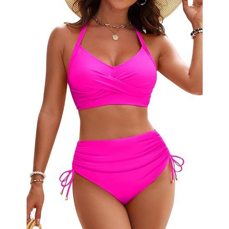 Women's Black Cross Wrap Halter High Waisted Two Piece Swimsuit