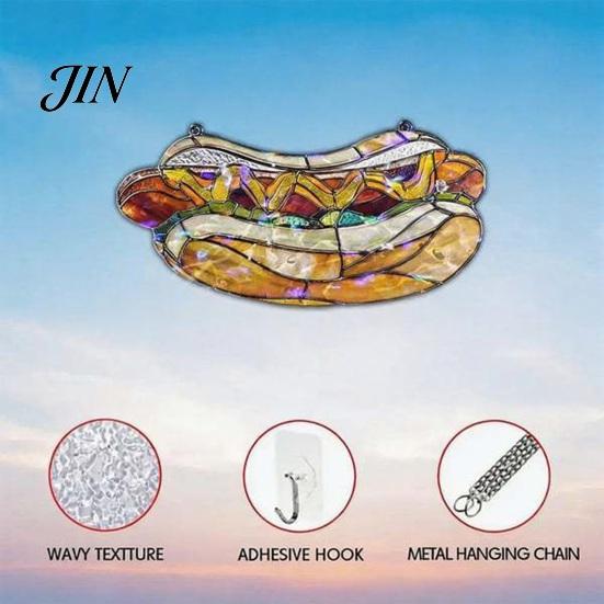 Lightweight Window Ornaments Hot Dog Stained Glass Acrylic Suncatcher, Colorful Retro Hanging Ornament with Modern Shop Soft Furnishings Metal Chain,