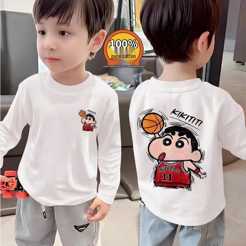 Trendy Kids' Pure Cotton Long Sleeve Cartoon Top – Thin, White, Unisex Base Layer