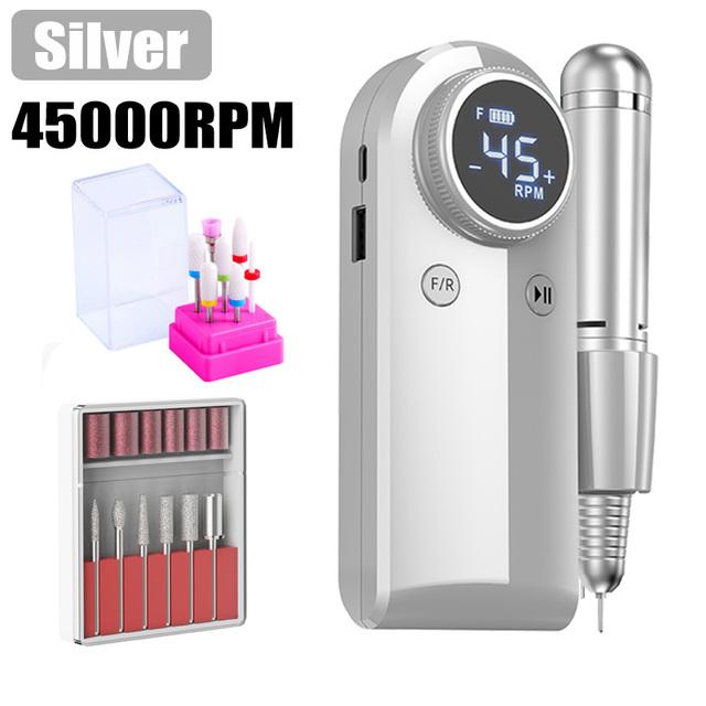 

Электрическая шлифовальная машина для ногтей, 45000 об/мин, перезаряжаемая фреза для маникюра, дрель, ручка, портативная электрическая пилочка для ногтей, гель-полировщик
