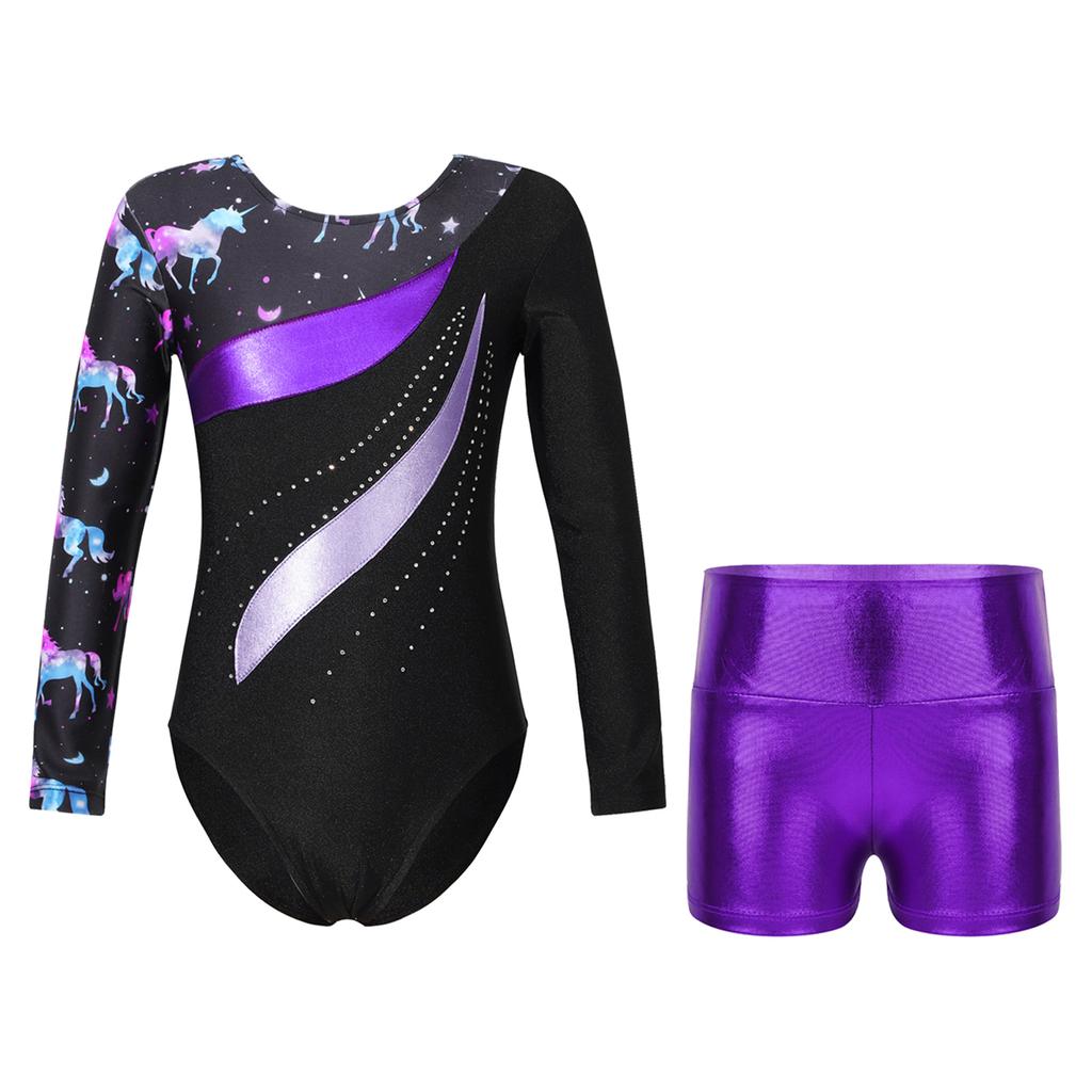 Girls Dance Set Long Sleeve Leotard Shiny Rhinestones Printed Patchwork Design Metallic High Waist Shorts