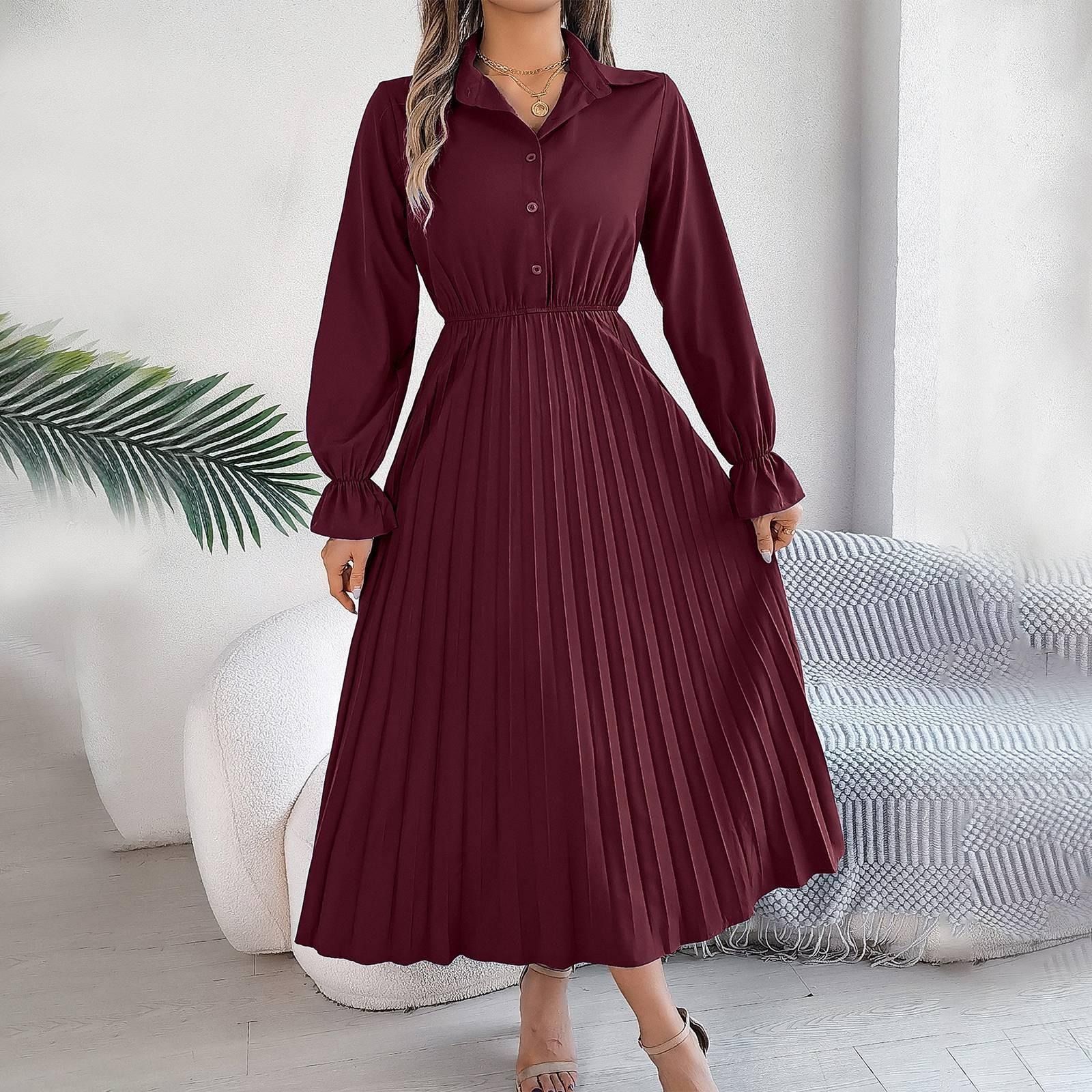 

Женское модное ретро однотонное платье с длинными рукавами и пуговицами на талии и лацканами XL винный