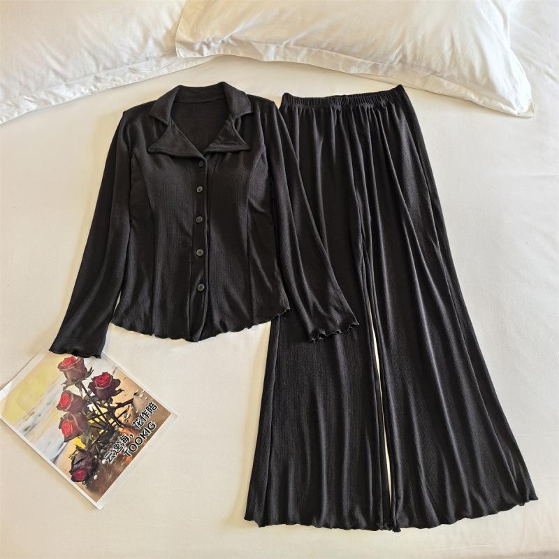 Women's Cotton Long Sleeve Two-Piece Pajamas with Chest Pads, Minimalist Style, Thickened for Spring/Winter.