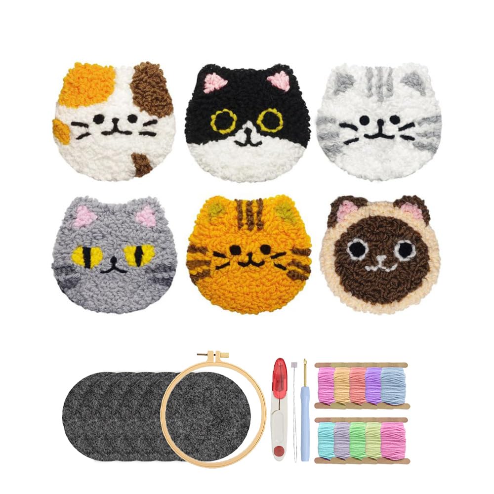 

Easy for DIY Punch Needle Coaster Kit with Embroidery and Instructions Beginners! 6-Piece Self-Adhesive Felt, Thread, Frame, (A)