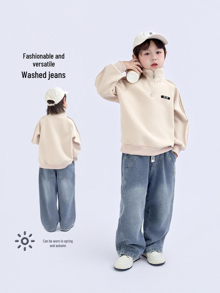 Kids' Street Style Loose Straight-Leg Jeans - Spring & Autumn Trendy Korean Casual Pants