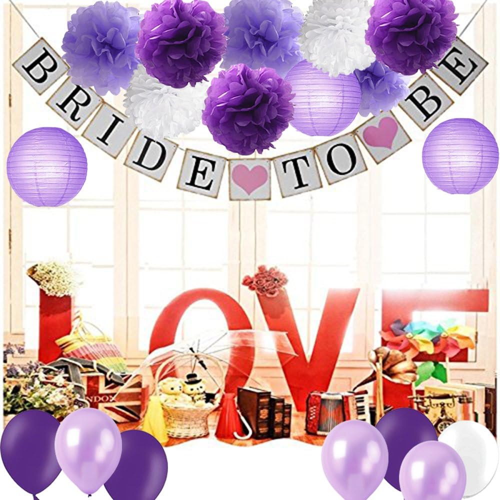 Purple Bridal Shower Decorations Kit-Bride To Be Banner White Lavender Purple Tissue Flower Pom Poms Paper Lanterns Latex Balloons for Purple