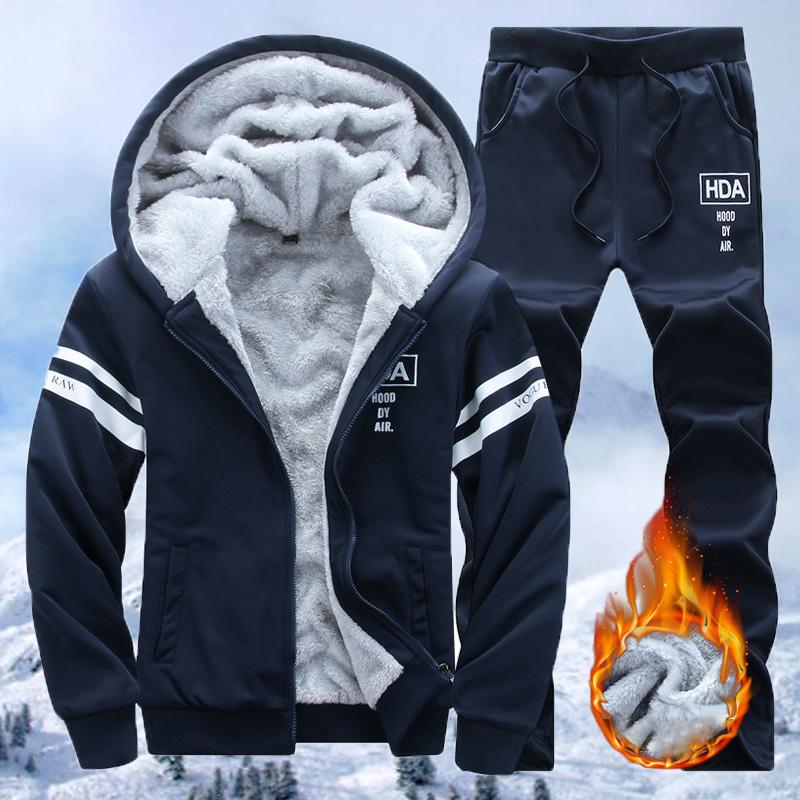 

Зимний мужской повседневный спортивный костюм с капюшоном плюс бархатный свитер Спортивная толстая теплая мужская одежда XXXXL темно-синий