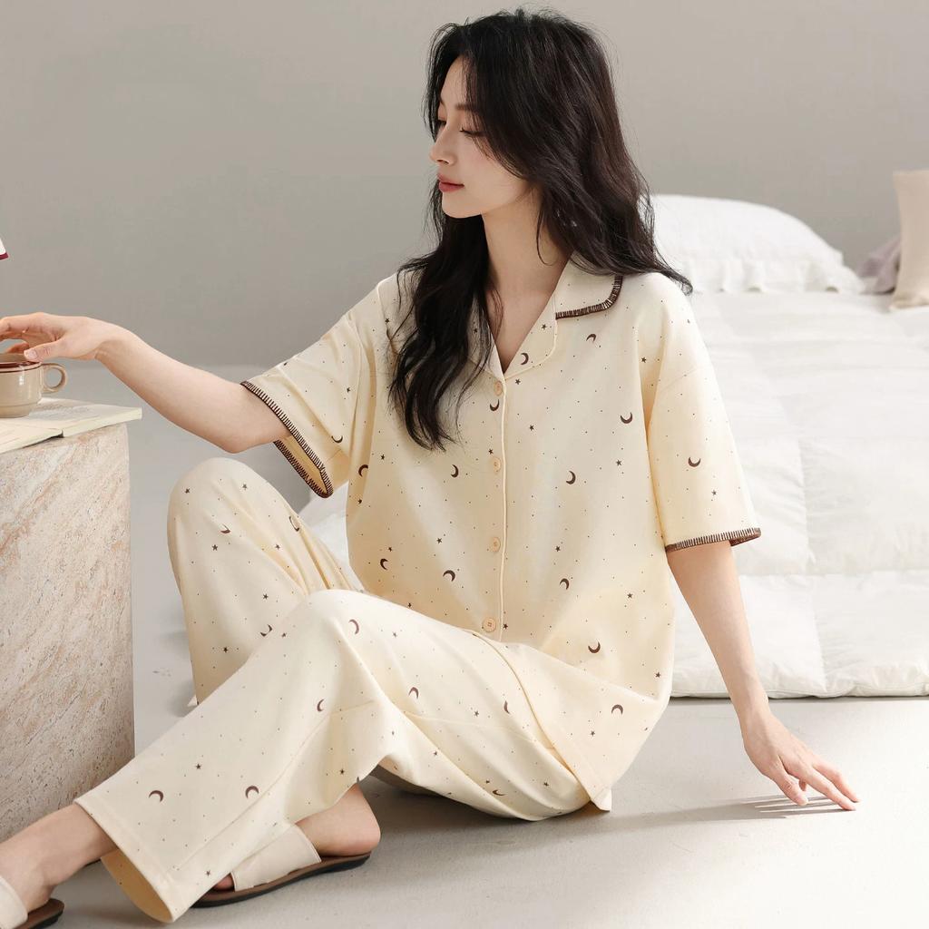 1011 New Lyocell cotton pajamas women's summer with chest pads, short sleeves and trousers, high-end loungewear set