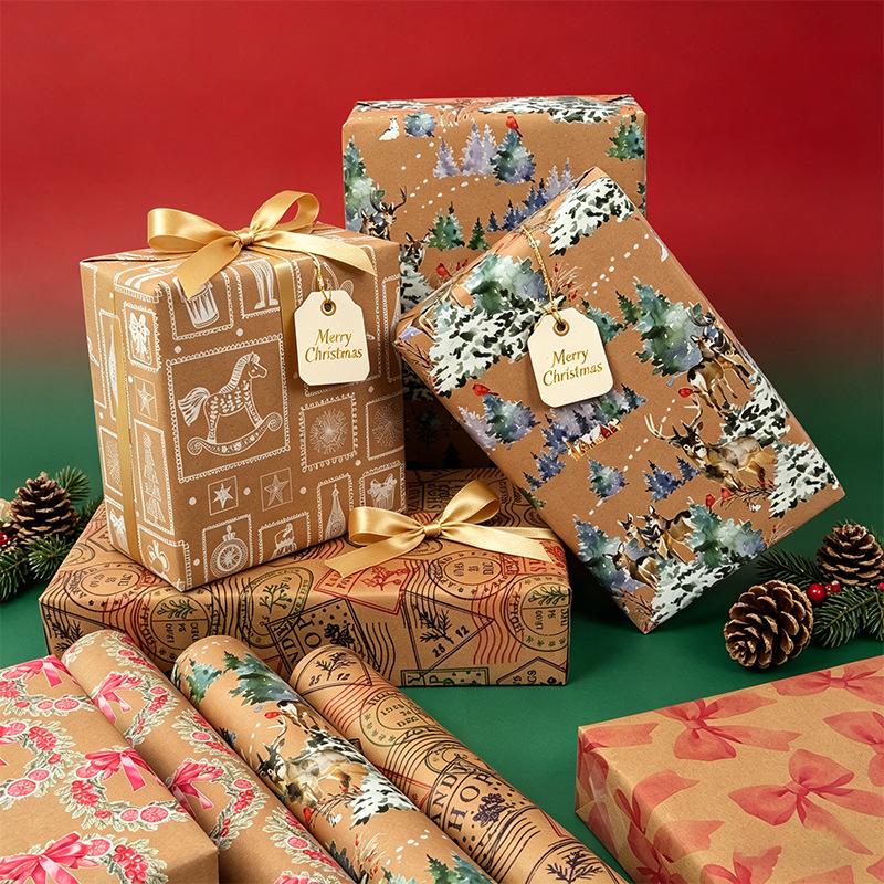 Vintage Kraft Christmas Gift Wrapping Paper Double Sided Print Kraft Roll Pine Tree Reindeer DIY Present Packaging Sheet