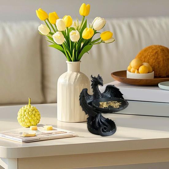3D Printed Storage Tray, Matte Black Resin Flying Dragon Shape, Dustproof Jewelry Organizer, for Ring Earring Home Decorative