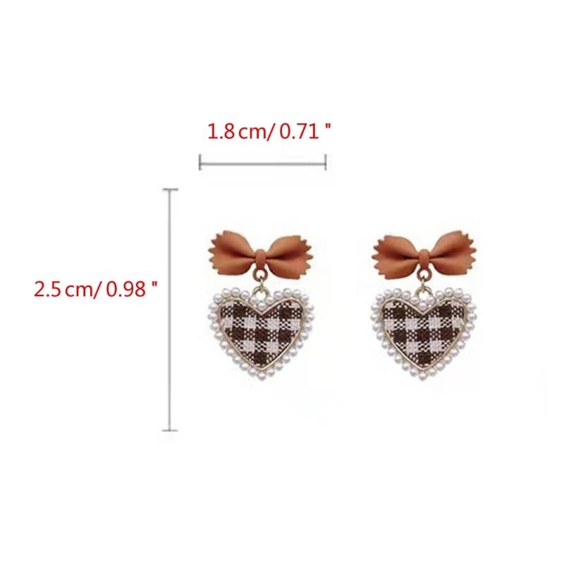 Cute Korean Hanging Love Grid Pearl Heart Earrings for Women Girls Fashion 2024 Bowknot Earrings Trend Party Jewelry