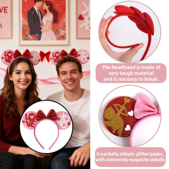 Tiara de Dia dos Namorados Glitter Vermelho Rosa Coração Faixa de Cabelo Brilhante Fofa Acessórios de Cabelo de Orelha para Dia dos Namorados Aniversário Festa de Casamento Fantasia