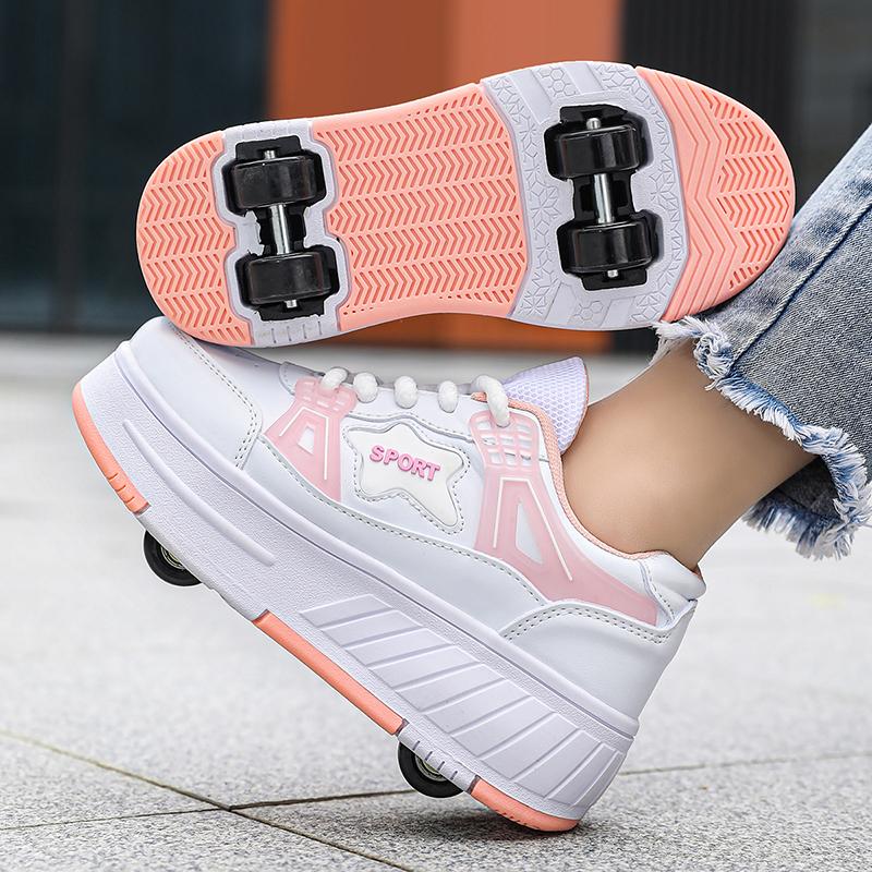 Zapatos de Patines para Niños Zapatos Planos Desmontables Cuatro Ruedas Zapatillas de Patines para Niñas Zapatos de Skate para Niños